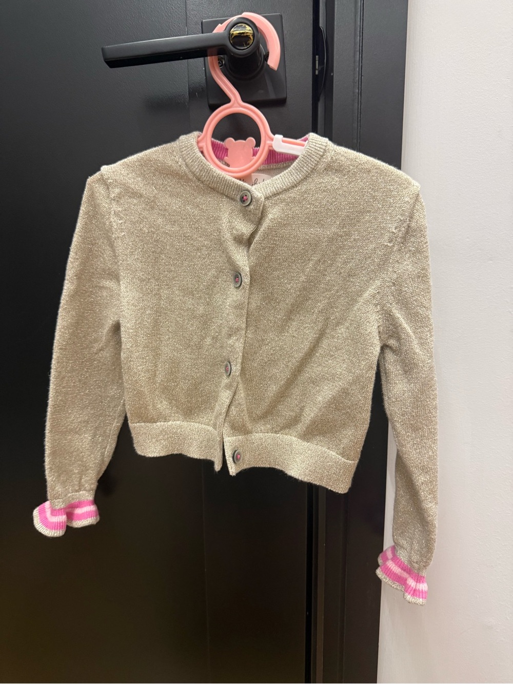 Boden Cream Metallic Cardigan with Pink Ruffle Trim